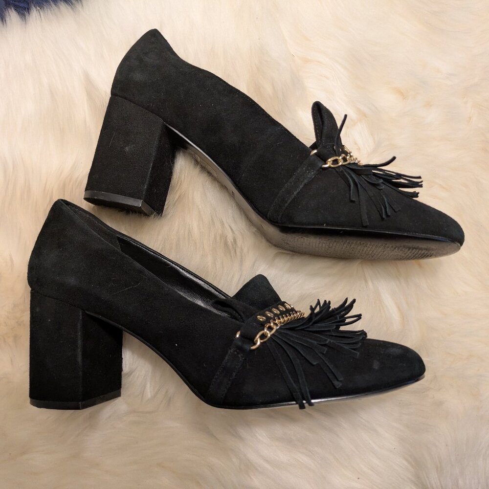Nine West Leather Suede Fringe Block Heel Shoe